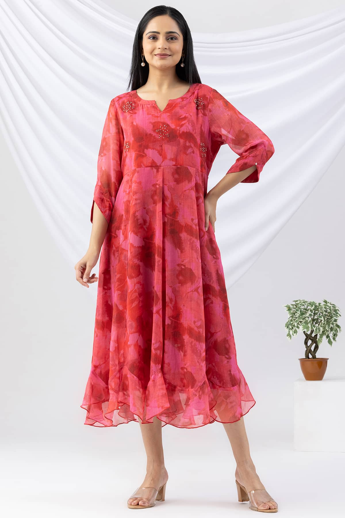 red dress ladies printed chiffon round neck with 3/4 sleeves