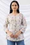 off white shirt printed cotton slub round neck with 3/4 sleeves
