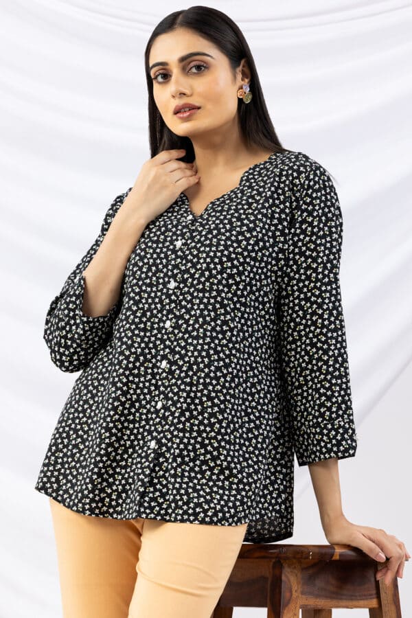 v neck tops for women black printed viscose with 3/4 sleeves