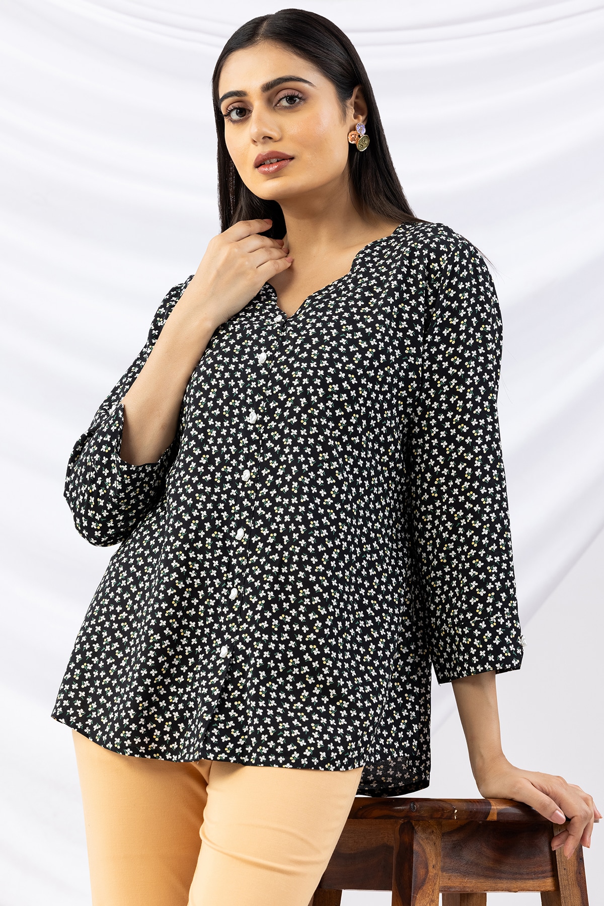 v neck tops for women black printed viscose with 3/4 sleeves