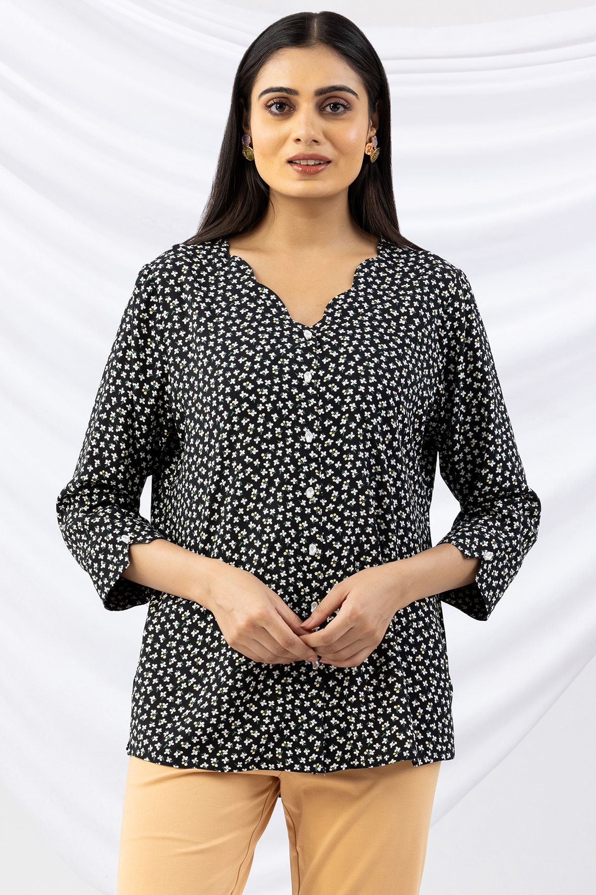 v neck tops for women black printed viscose with 3/4 sleeves