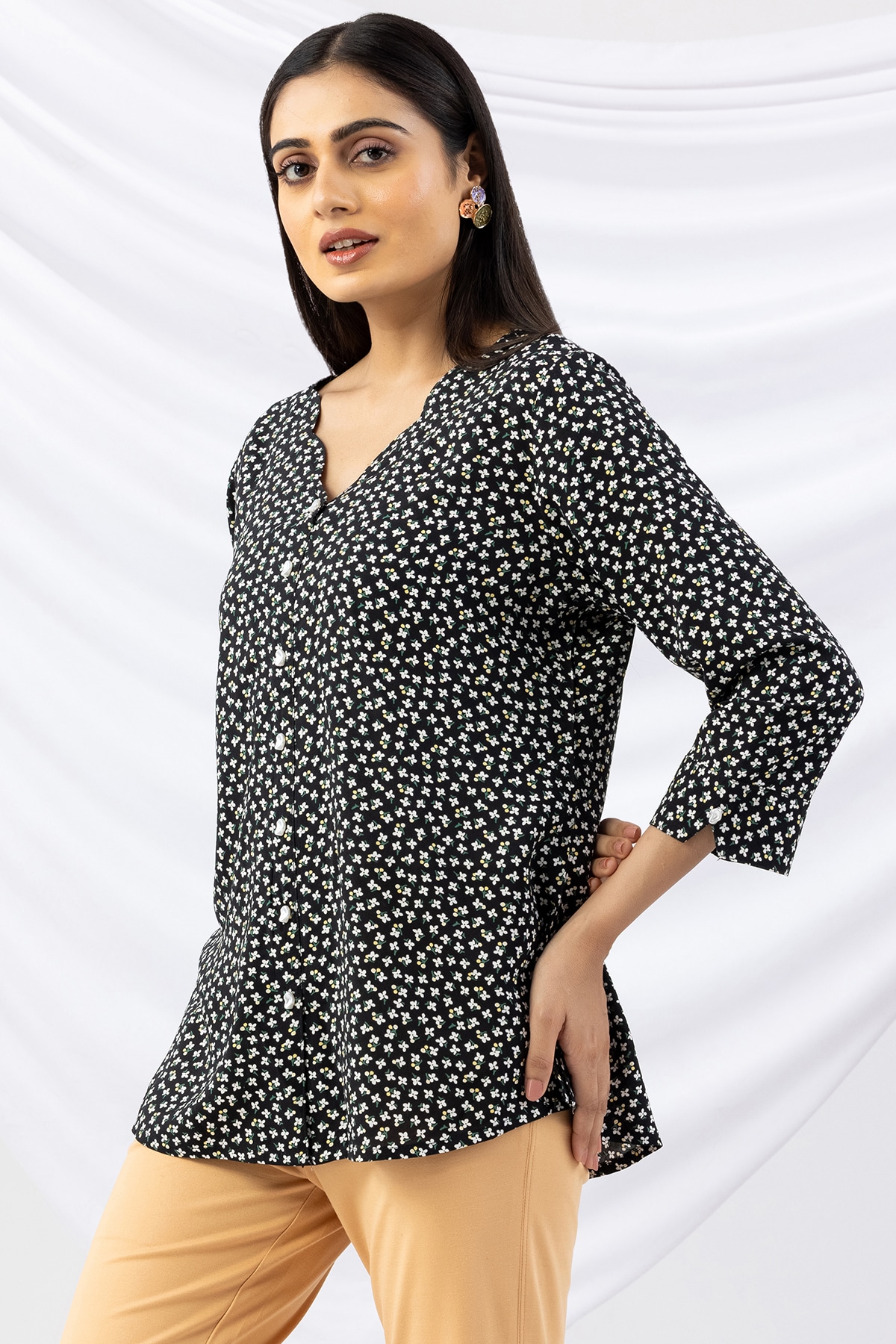 v neck tops for women black printed viscose with 3/4 sleeves