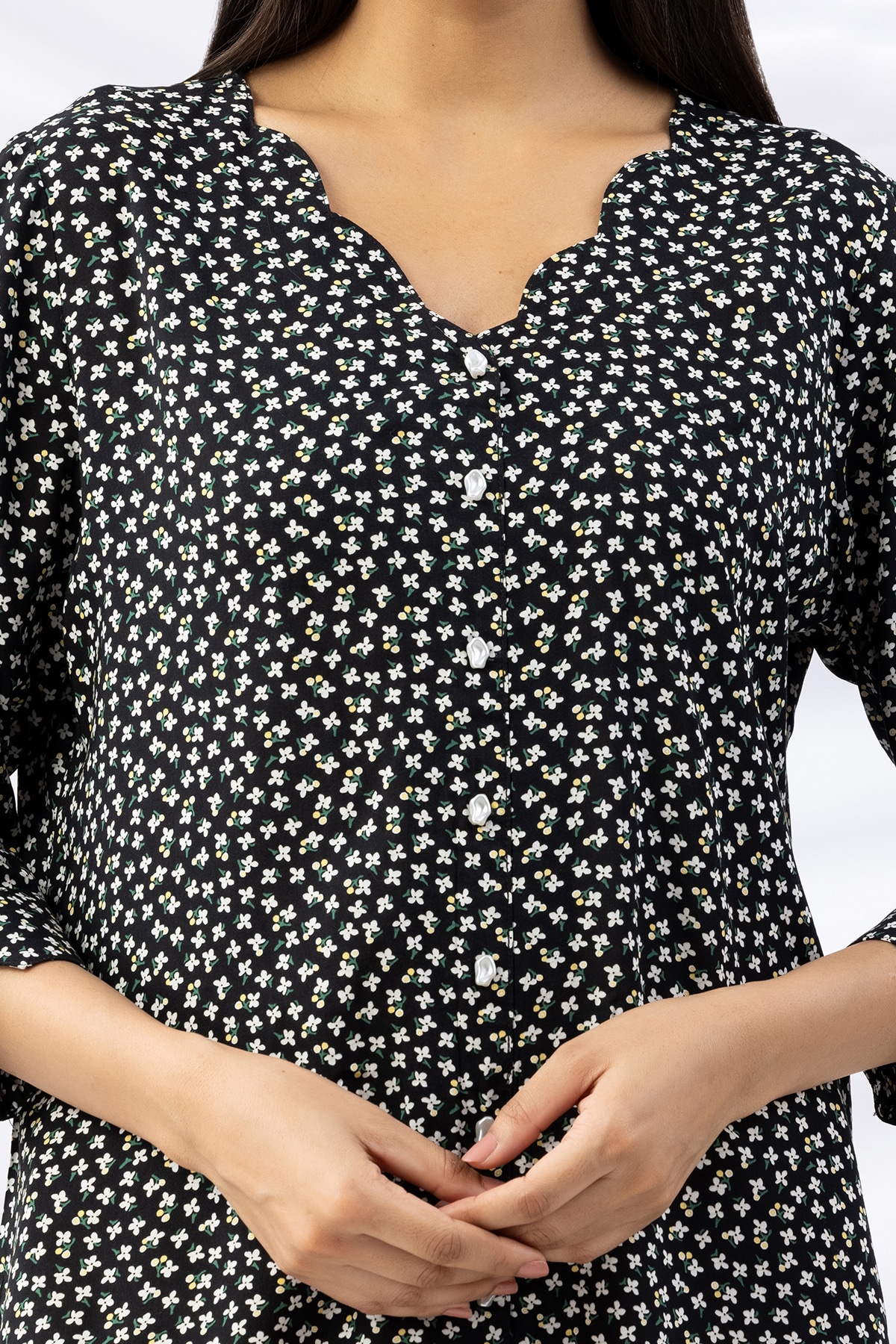 v neck tops for women black printed viscose with 3/4 sleeves