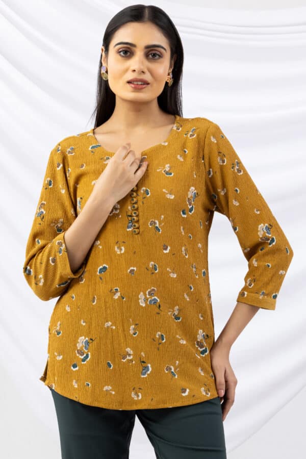 mustard top printed crepe round neck with 3/4 sleeves
