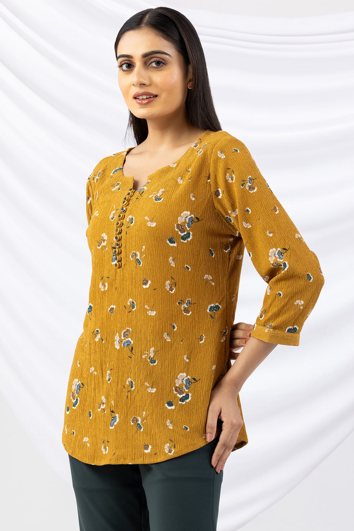 mustard top printed crepe round neck with 3/4 sleeves