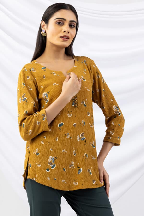 mustard top printed crepe round neck with 3/4 sleeves