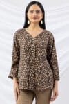 winter top for ladies brown printed viscose twill v neck with 3/4 sleeves