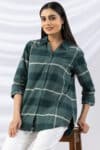 checks shirt green viscose brushed tencel twill collared with 3/4 sleeves