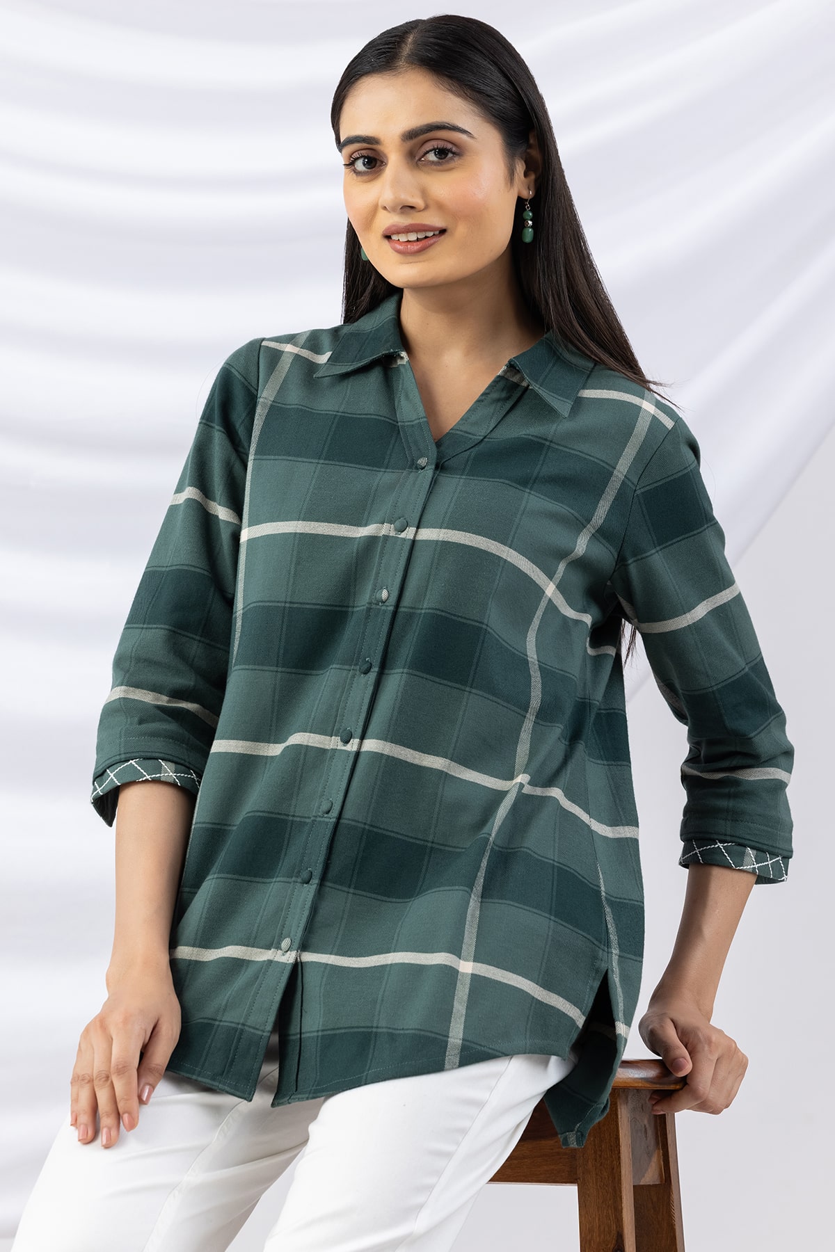 checks shirt green viscose brushed tencel twill collared with 3/4 sleeves