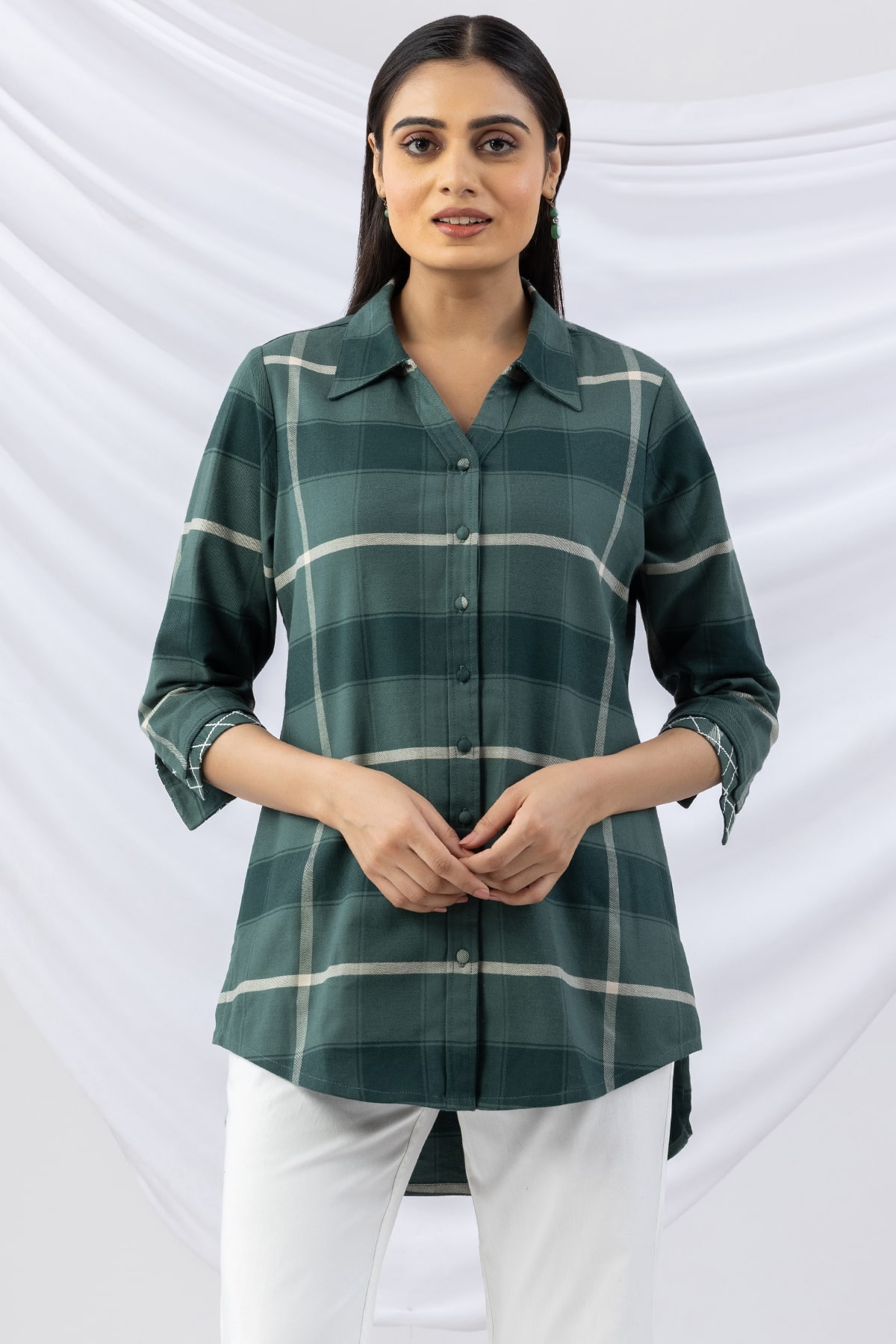 checks shirt green viscose brushed tencel twill collared with 3/4 sleeves
