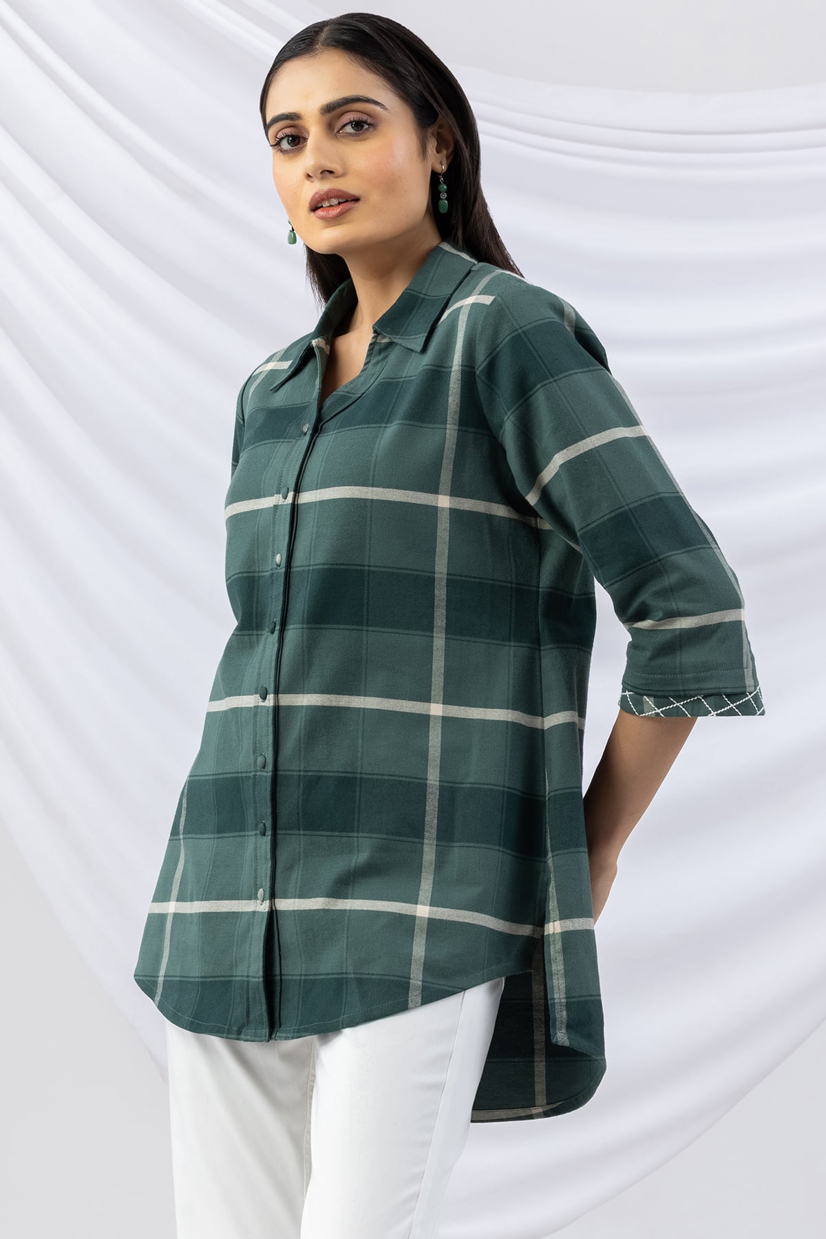 checks shirt green viscose brushed tencel twill collared with 3/4 sleeves