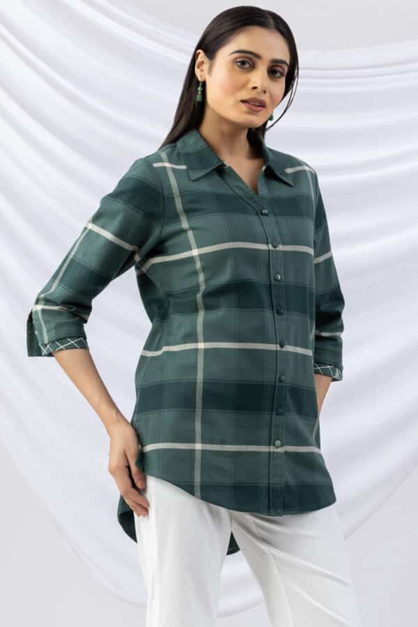 checks shirt green viscose brushed tencel twill collared with 3/4 sleeves