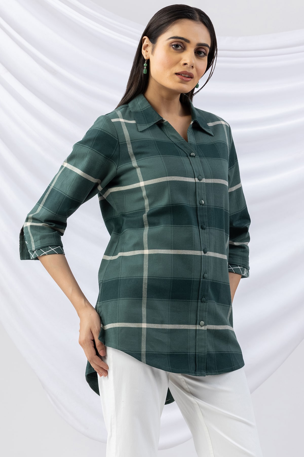checks shirt green viscose brushed tencel twill collared with 3/4 sleeves