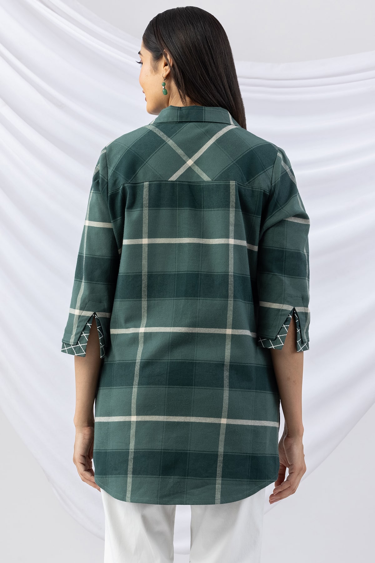 checks shirt green viscose brushed tencel twill collared with 3/4 sleeves