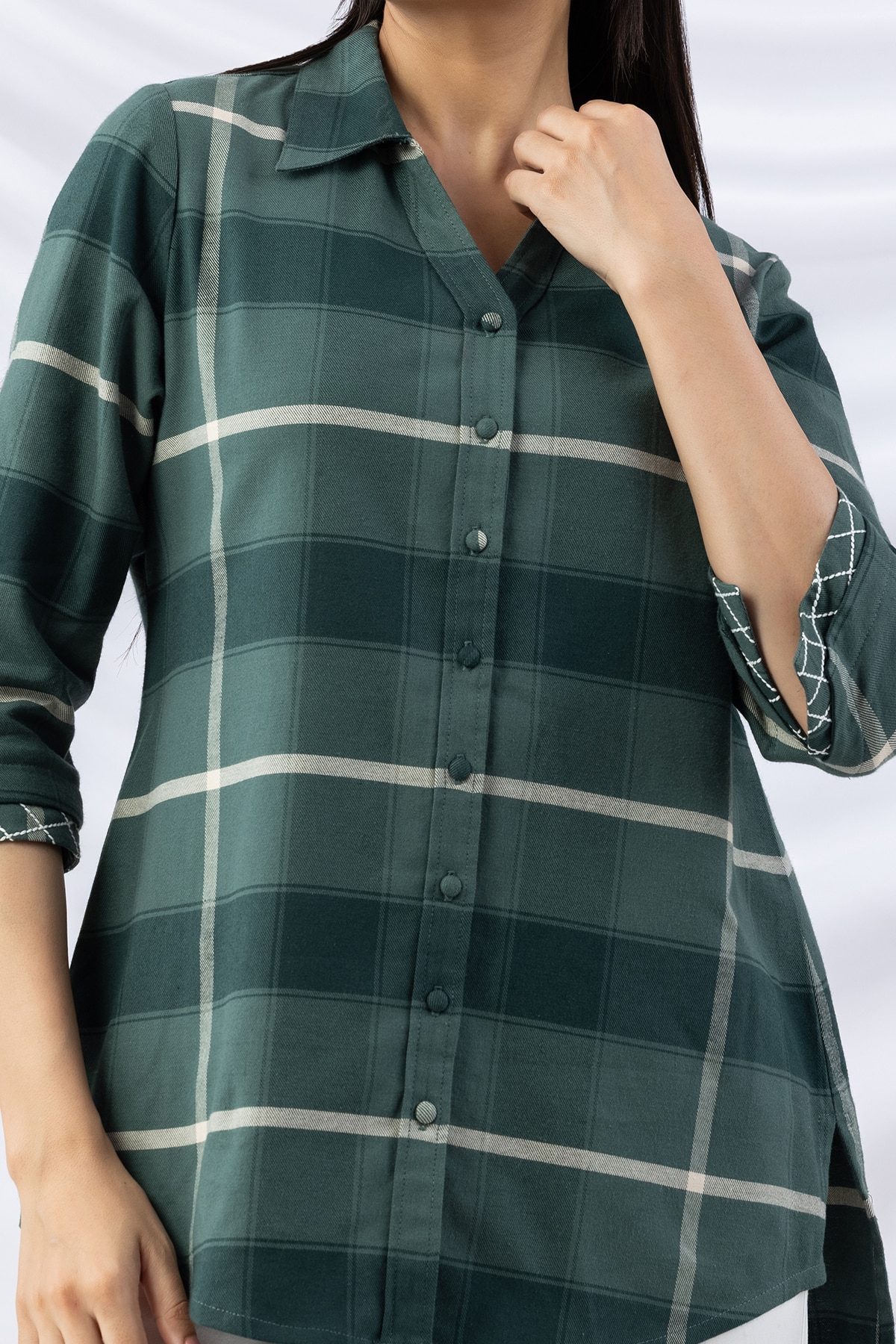 checks shirt green viscose brushed tencel twill collared with 3/4 sleeves