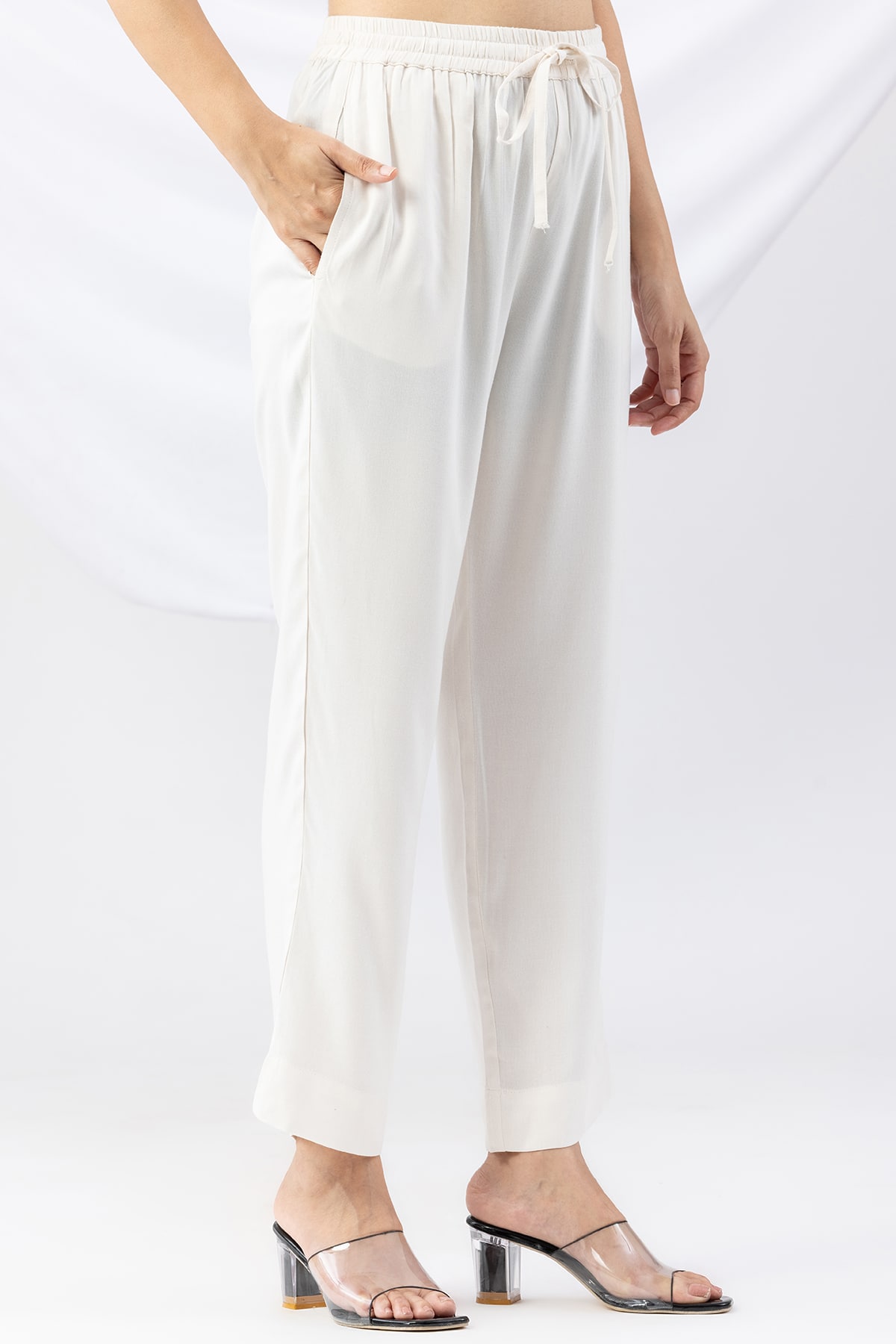 off white palazzo pants solid tencel twill regular fit for women