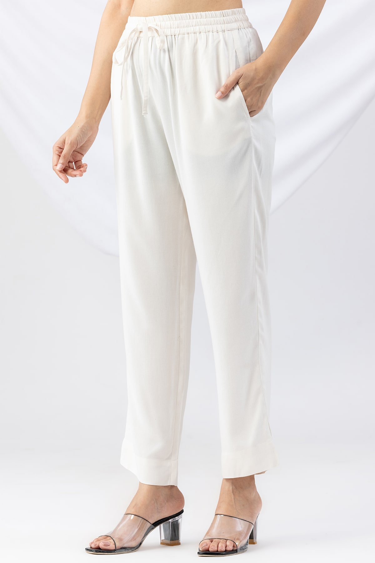 off white palazzo pants solid tencel twill regular fit for women