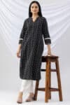 mandarin collar kurti black schiffli embroidered with 3/4 sleeves