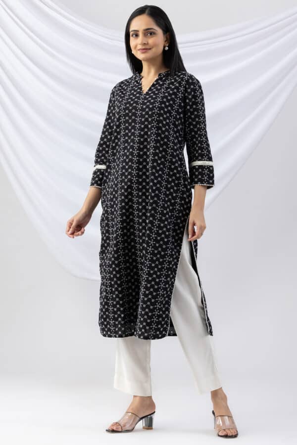 mandarin collar kurti black schiffli embroidered with 3/4 sleeves