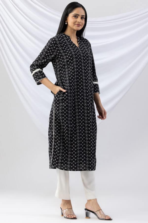 mandarin collar kurti black schiffli embroidered with 3/4 sleeves
