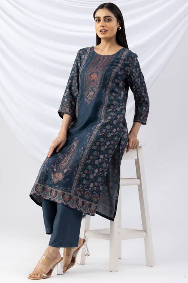 winter kurti teal printed pashmina round neck with 3/4 sleeves