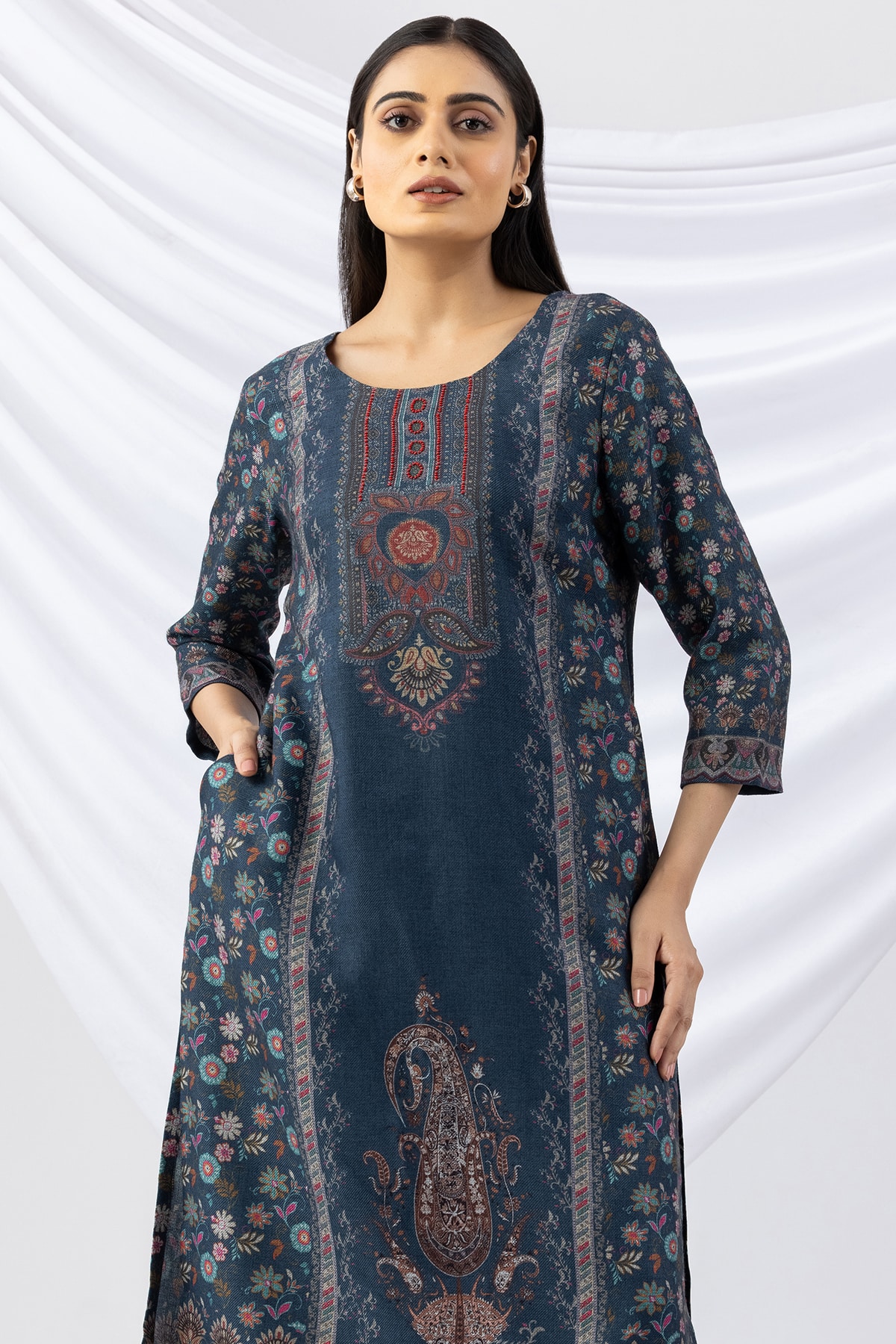 winter kurti teal printed pashmina round neck with 3/4 sleeves