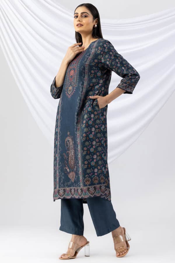 winter kurti teal printed pashmina round neck with 3/4 sleeves