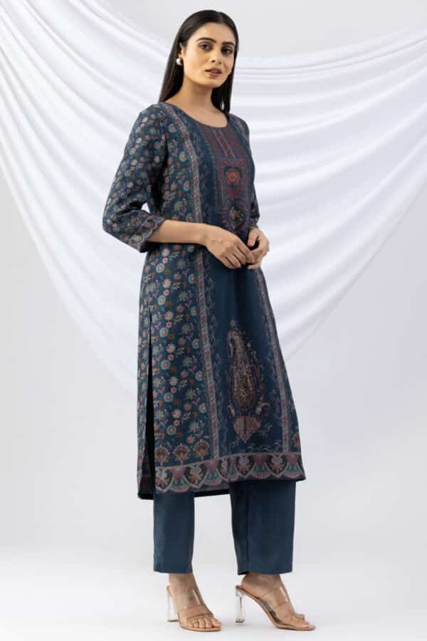winter kurti teal printed pashmina round neck with 3/4 sleeves