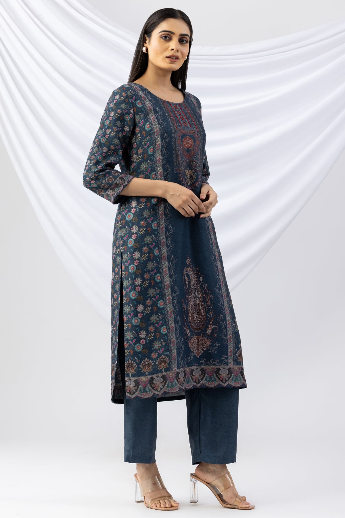 winter kurti teal printed pashmina round neck with 3/4 sleeves