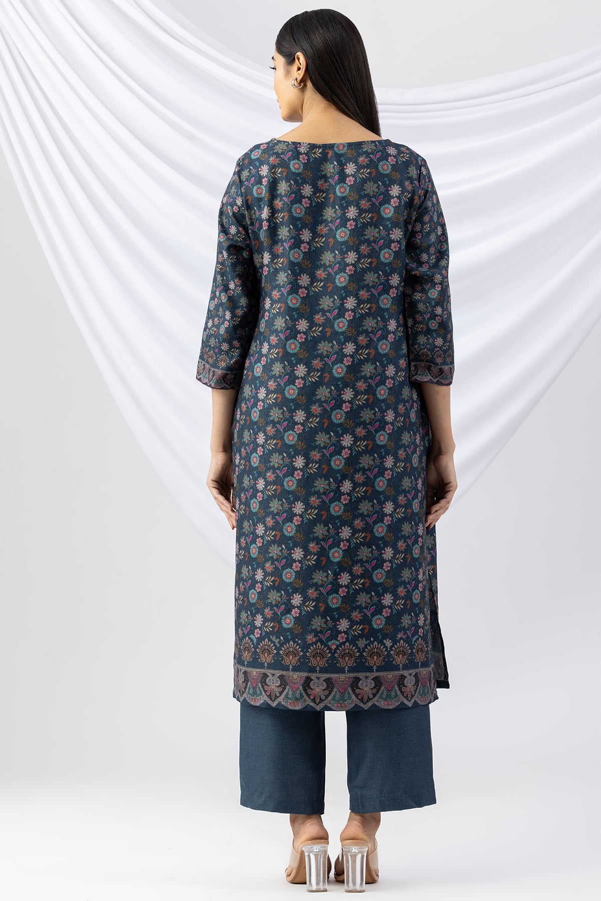 winter kurti teal printed pashmina round neck with 3/4 sleeves