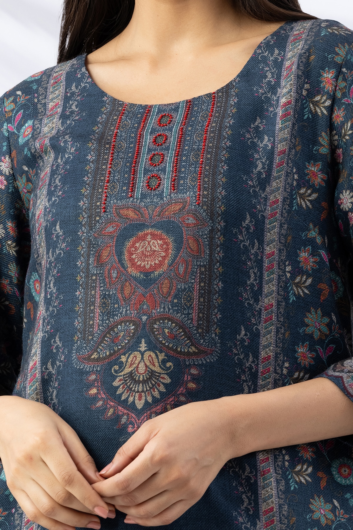 winter kurti teal printed pashmina round neck with 3/4 sleeves