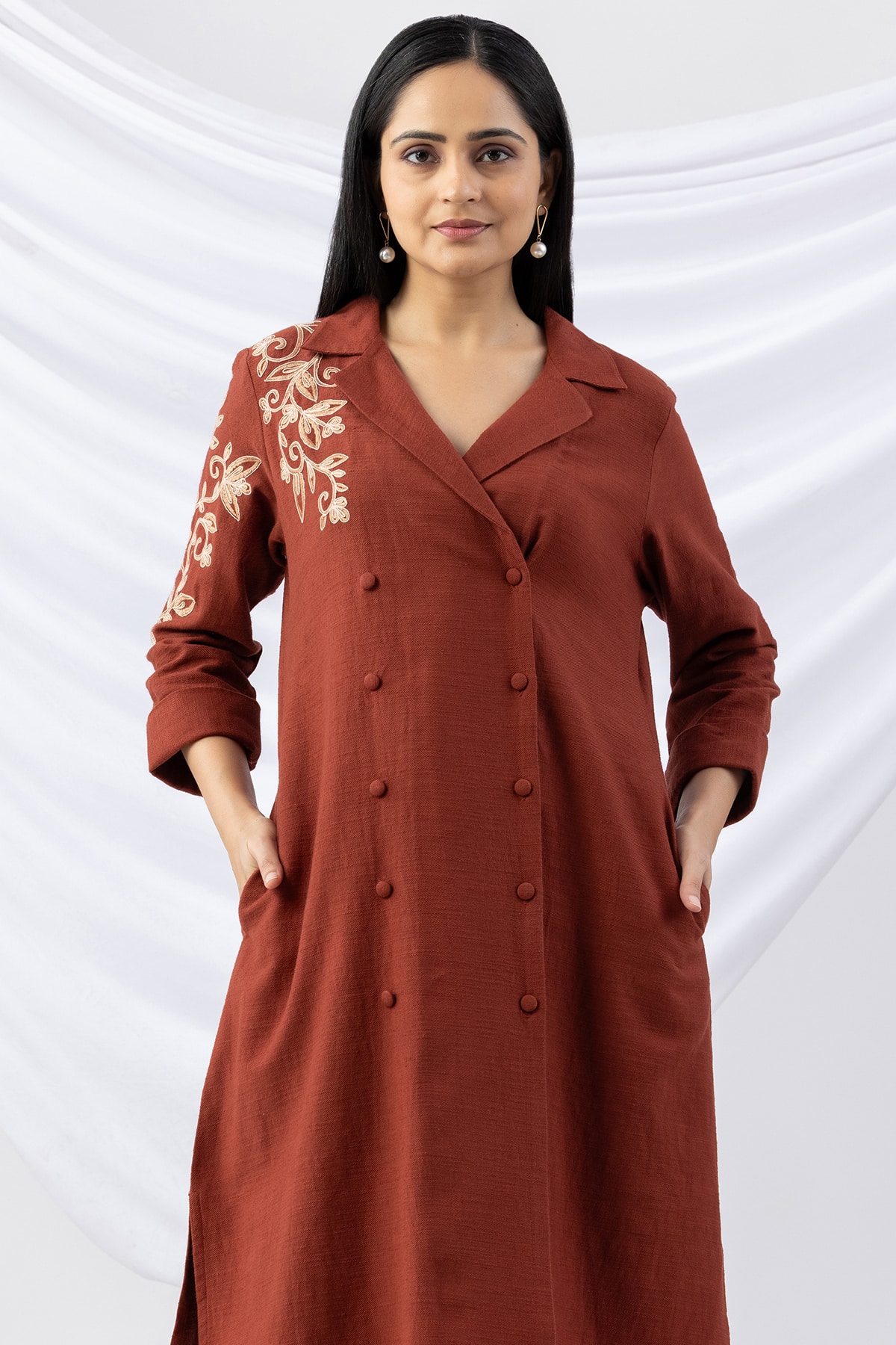 embroidery kurti for women rust viscose cotton slub lapel collar with 3/4 sleeves