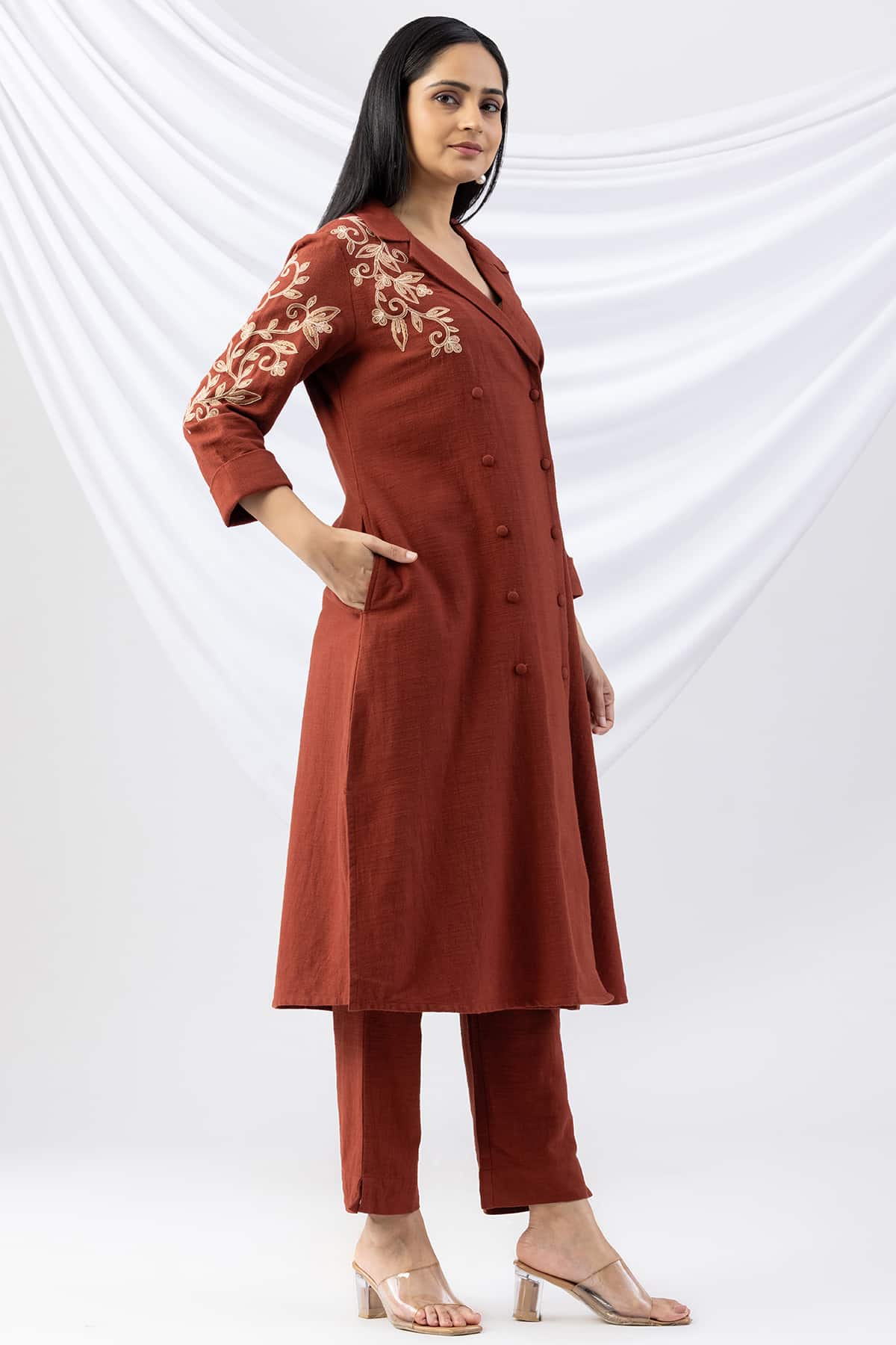 embroidery kurti for women rust viscose cotton slub lapel collar with 3/4 sleeves