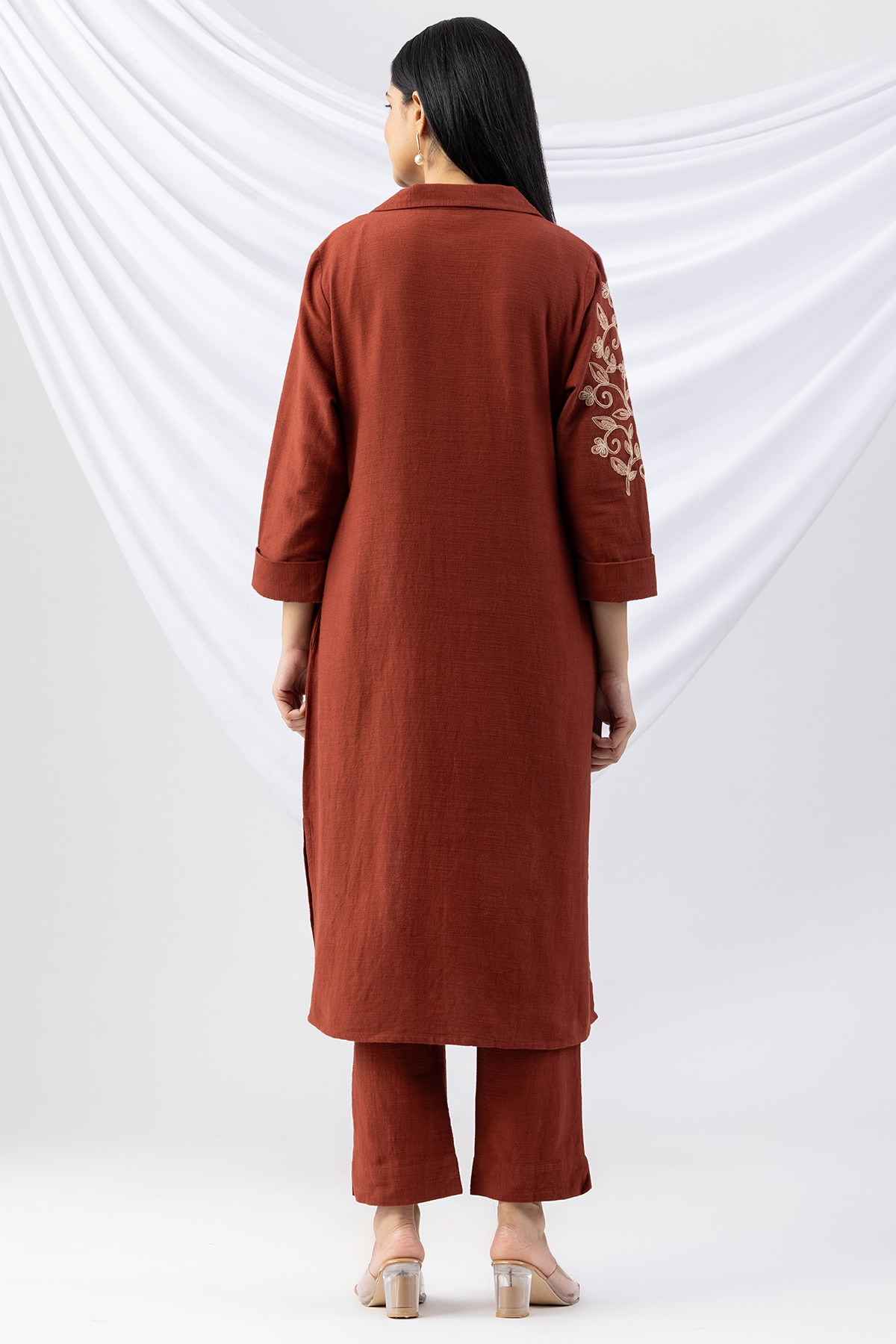 embroidery kurti for women rust viscose cotton slub lapel collar with 3/4 sleeves