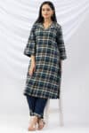winter kurti navy checked cotton twill lapel collar with 3/4 sleeves