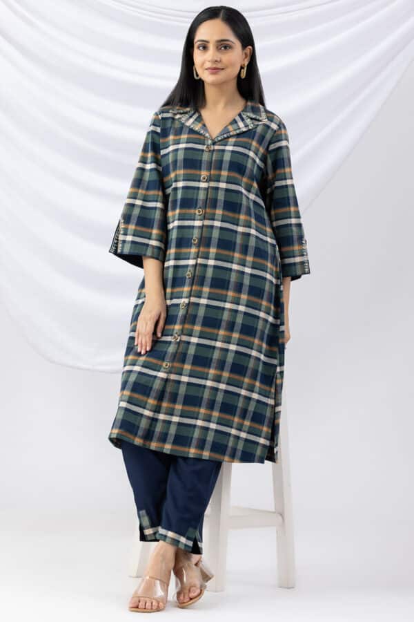 winter kurti navy checked cotton twill lapel collar with 3/4 sleeves