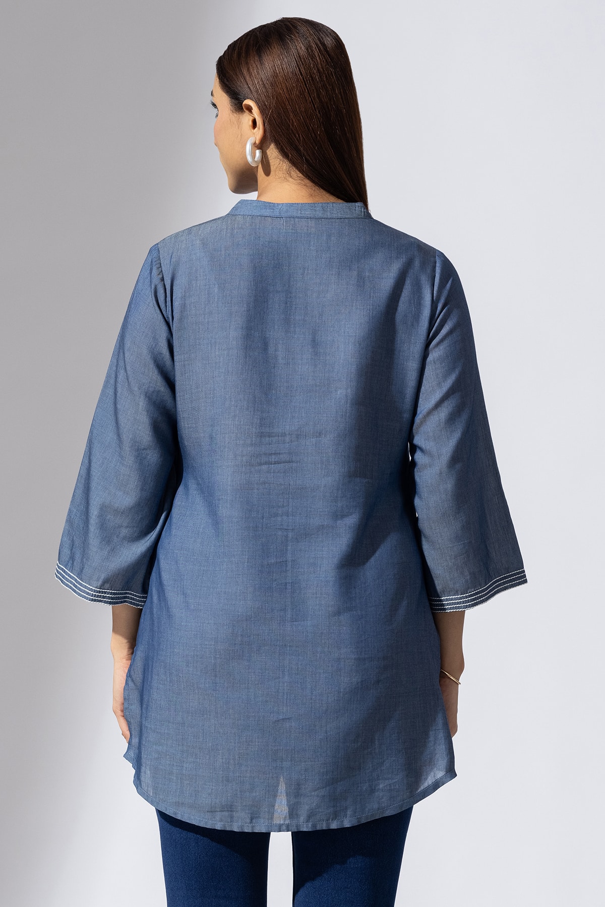 denim tunic for women blue chambray embroidered mandarin collar with 3/4 sleeves