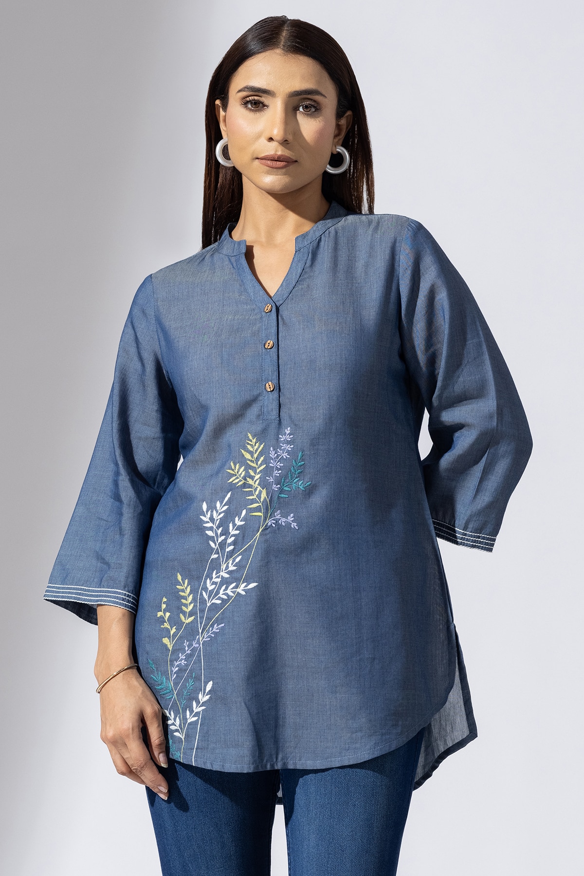 denim tunic for women blue chambray embroidered mandarin collar with 3/4 sleeves