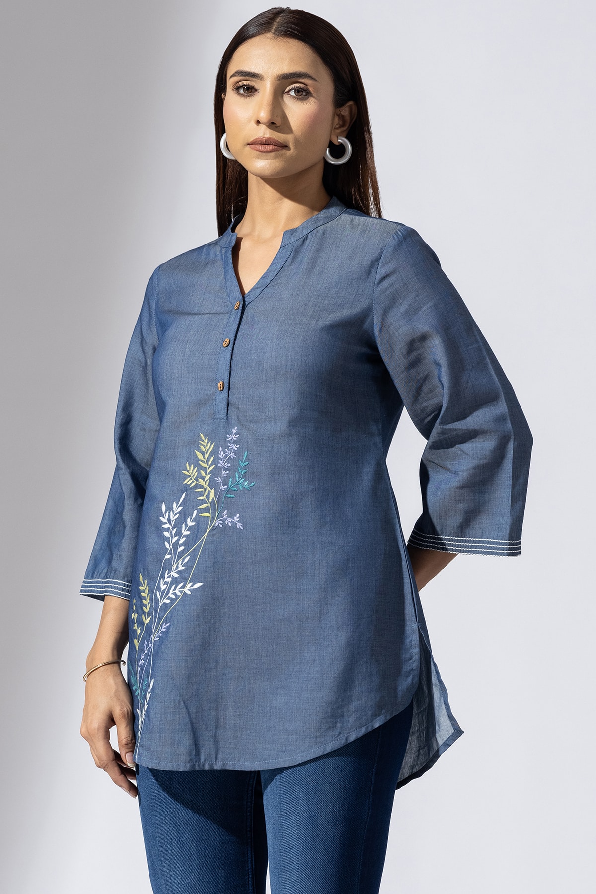 denim tunic for women blue chambray embroidered mandarin collar with 3/4 sleeves