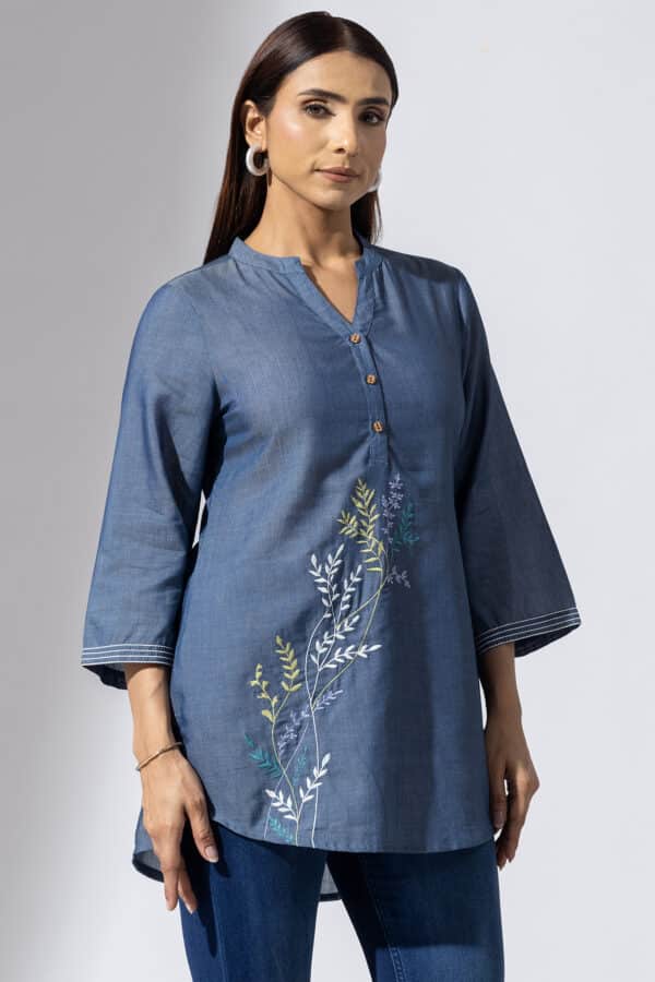 denim tunic for women blue chambray embroidered mandarin collar with 3/4 sleeves