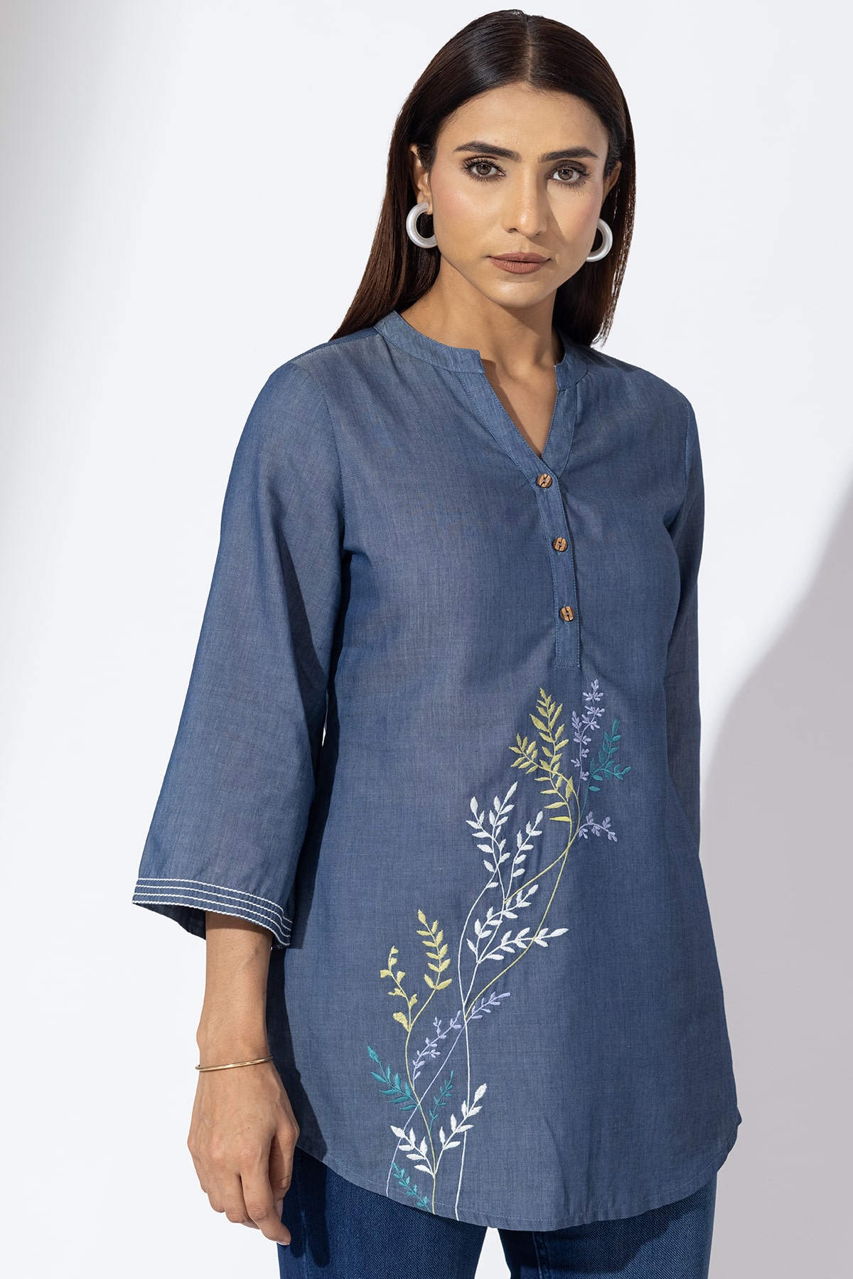 denim tunic for women blue chambray embroidered mandarin collar with 3/4 sleeves