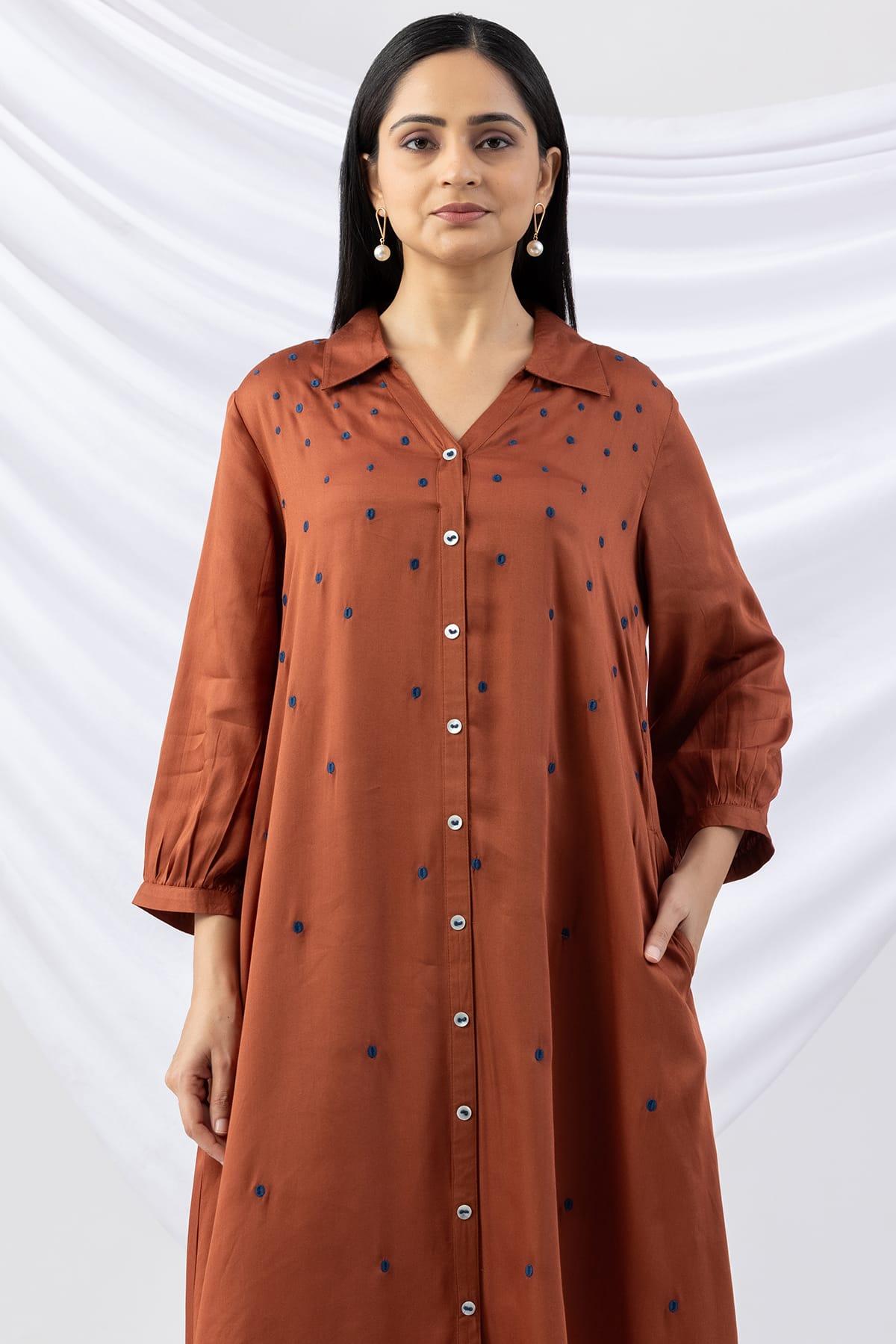 embroidered dress brown viscose modal satin collared with 3/4 sleeves