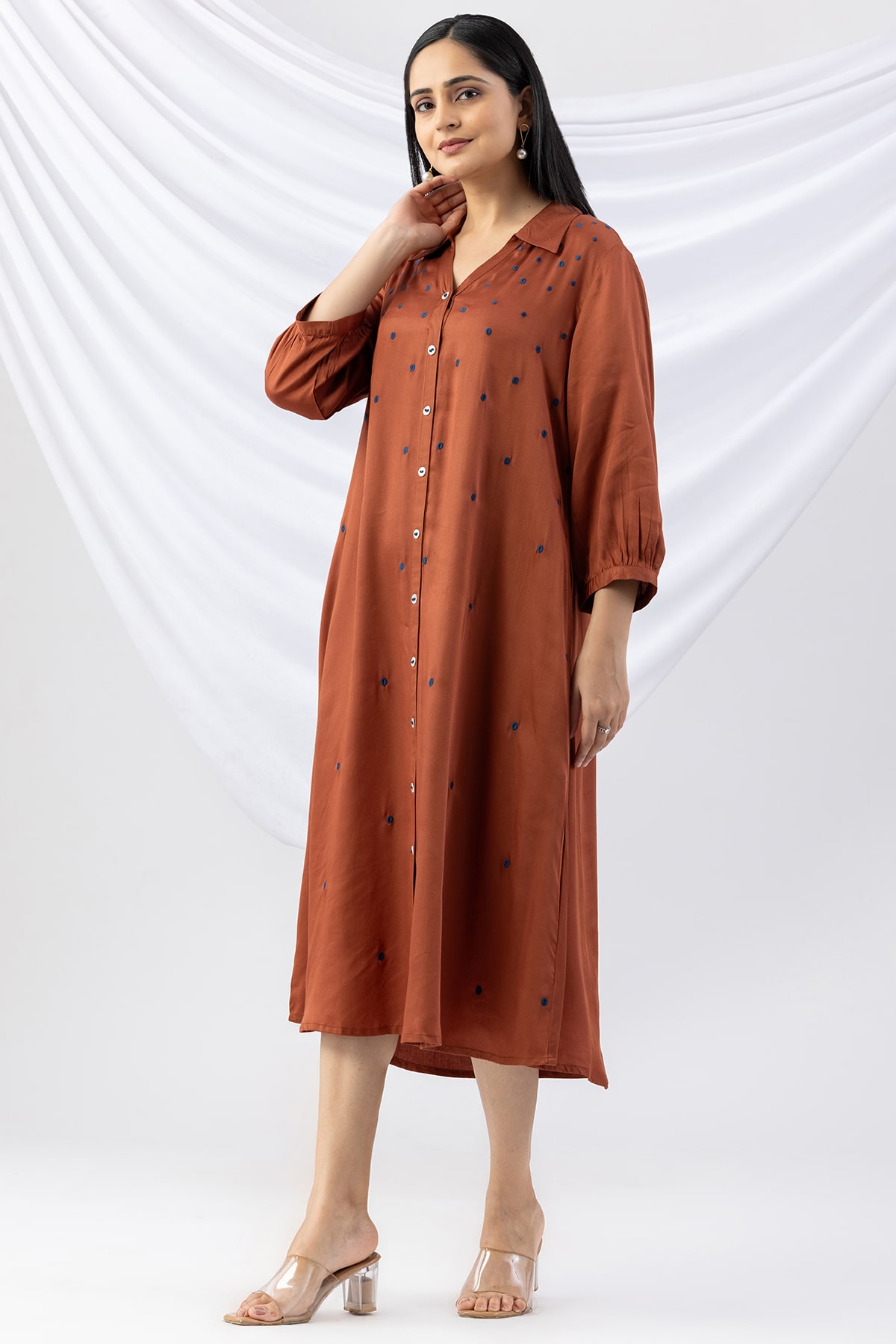 embroidered dress brown viscose modal satin collared with 3/4 sleeves