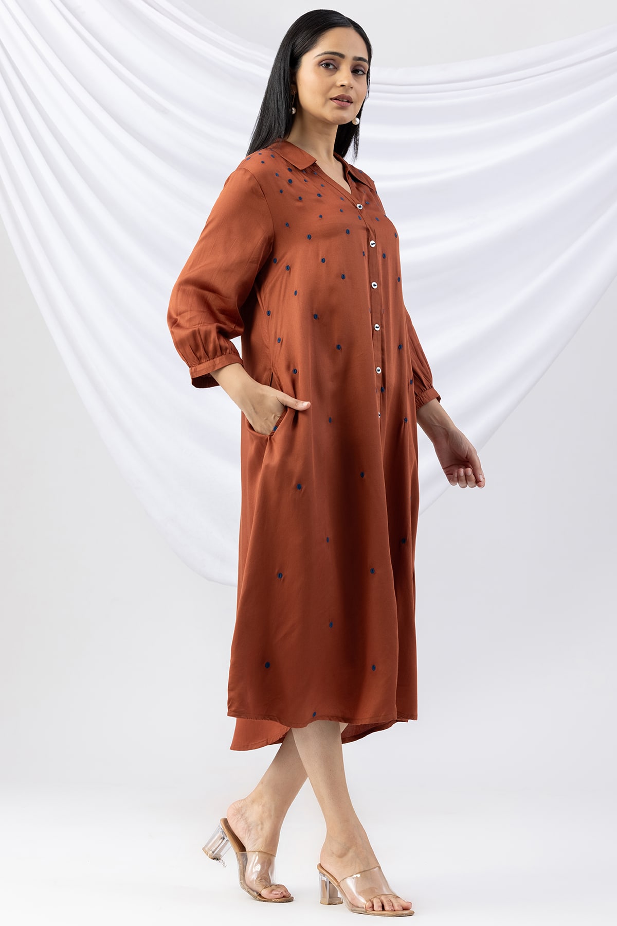embroidered dress brown viscose modal satin collared with 3/4 sleeves