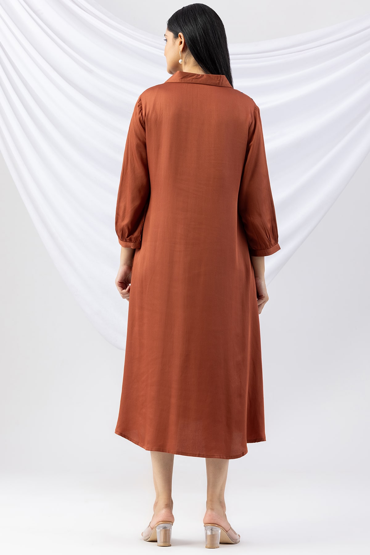 embroidered dress brown viscose modal satin collared with 3/4 sleeves