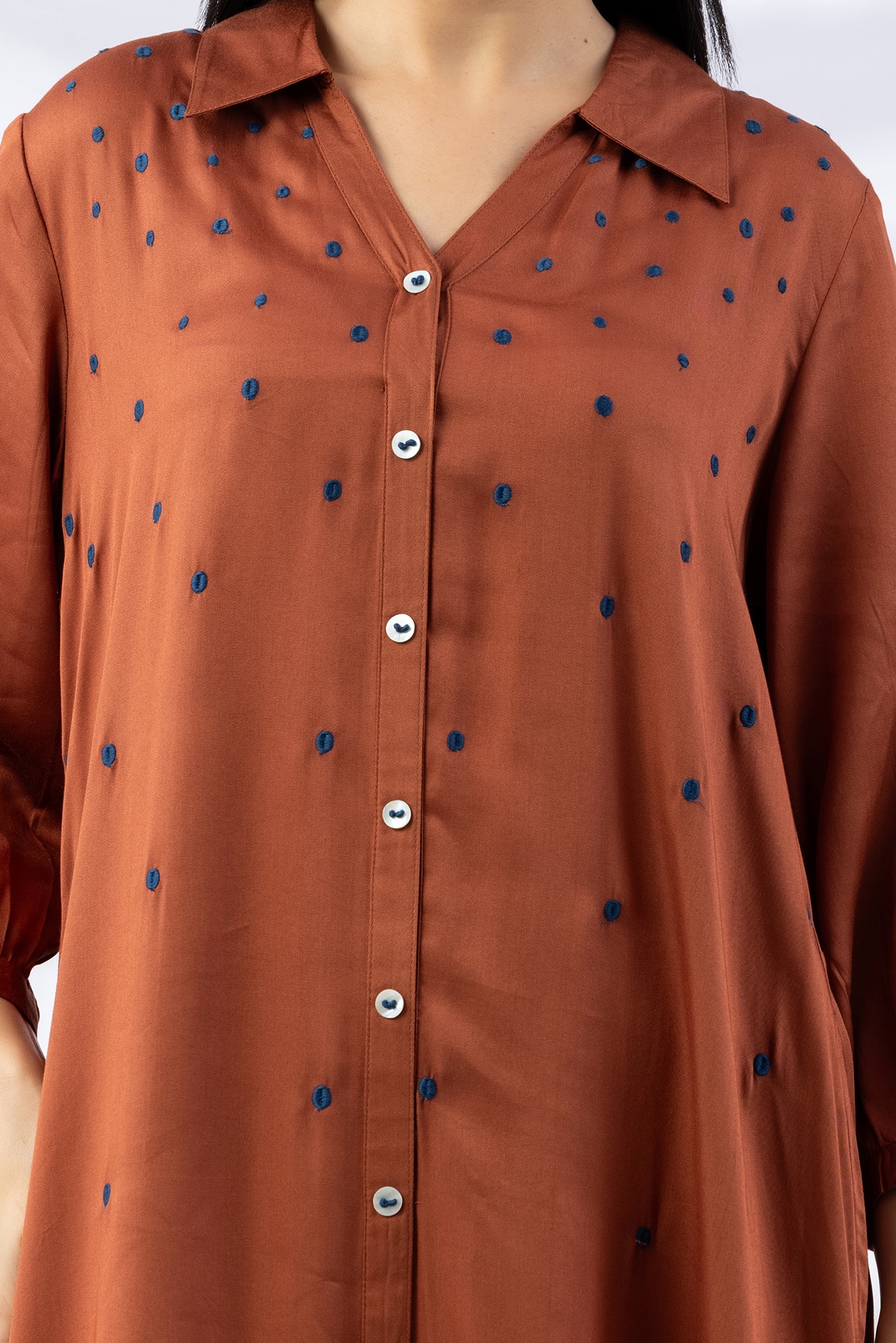 embroidered dress brown viscose modal satin collared with 3/4 sleeves