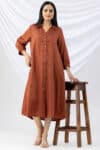 embroidered dress brown viscose modal satin collared with 3/4 sleeves