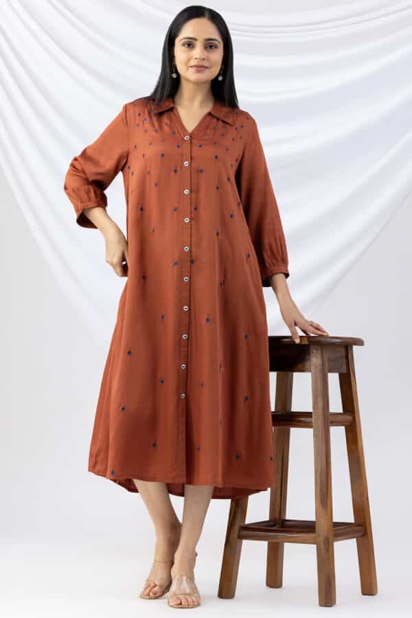 embroidered dress brown viscose modal satin collared with 3/4 sleeves