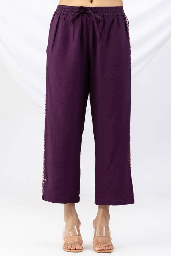 embroidered palazzo purple viscose crush regular fit for women