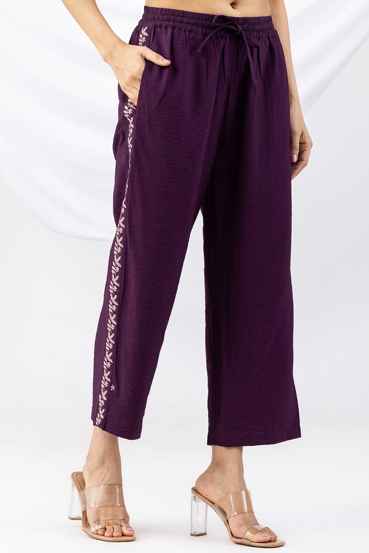 embroidered palazzo purple viscose crush regular fit for women